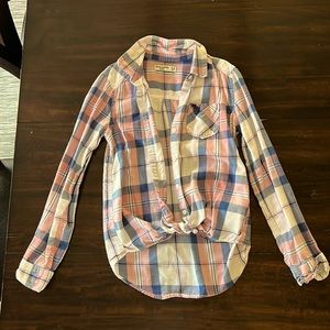 Girls Abercrombie & Fitch plaid pink and blue tie front button up size 11/12